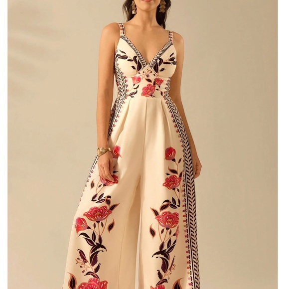 Boho Floral Print Smocked Wide leg Cami Jumpsuit - Picture 2 of 7